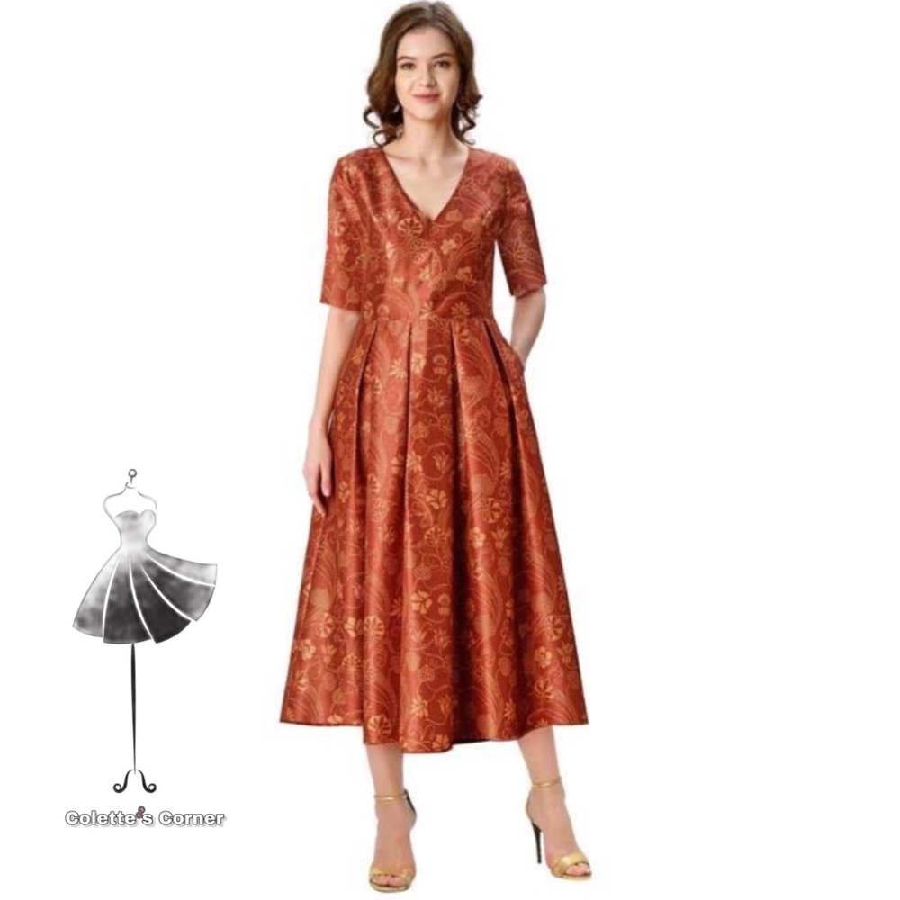 Eshakti Burnt Orange Floral Print Banded High Waist Pleated Taffeta Midi Skirt